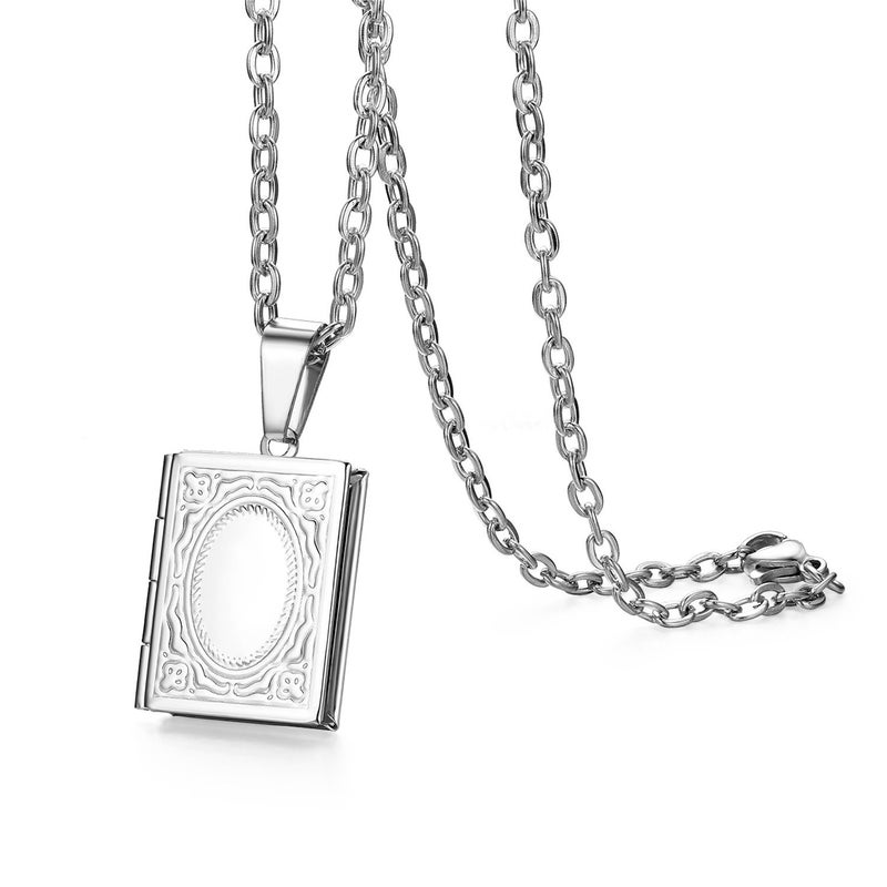 OIDEA Locket Necklace for Women Men: Stainless Steel Vintage Religious Bible Book Photo Locket Necklaces that Holds Pictures Jewelry Gifts Chain 22 Inch Silver - Image 1